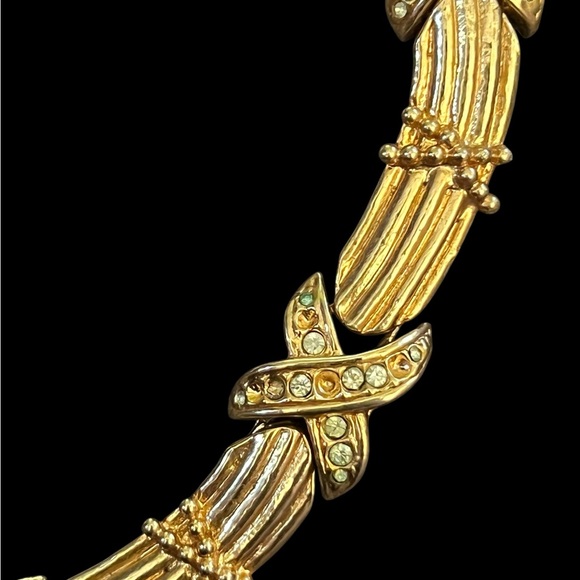 Vintage Rhinestone X Gold Tone Bar Link Collar Necklace - Picture 3 of 12